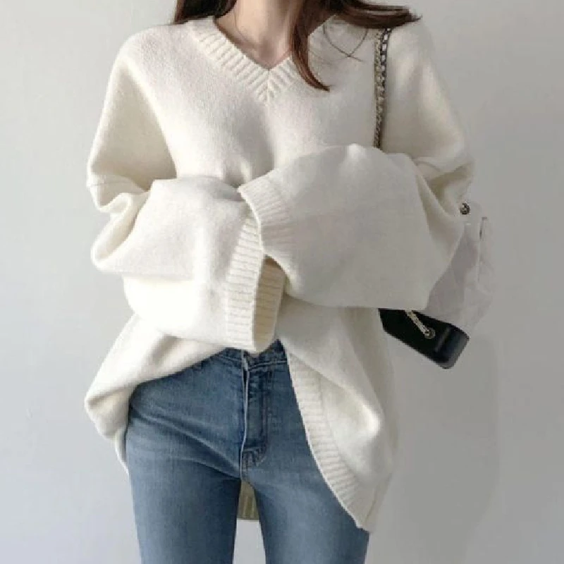 

Daliang Dongguan женский свободный вязаный свитер с v-образным вырезом без катышков, новый повседневный топ средней длины, зимний модный женский трикотаж