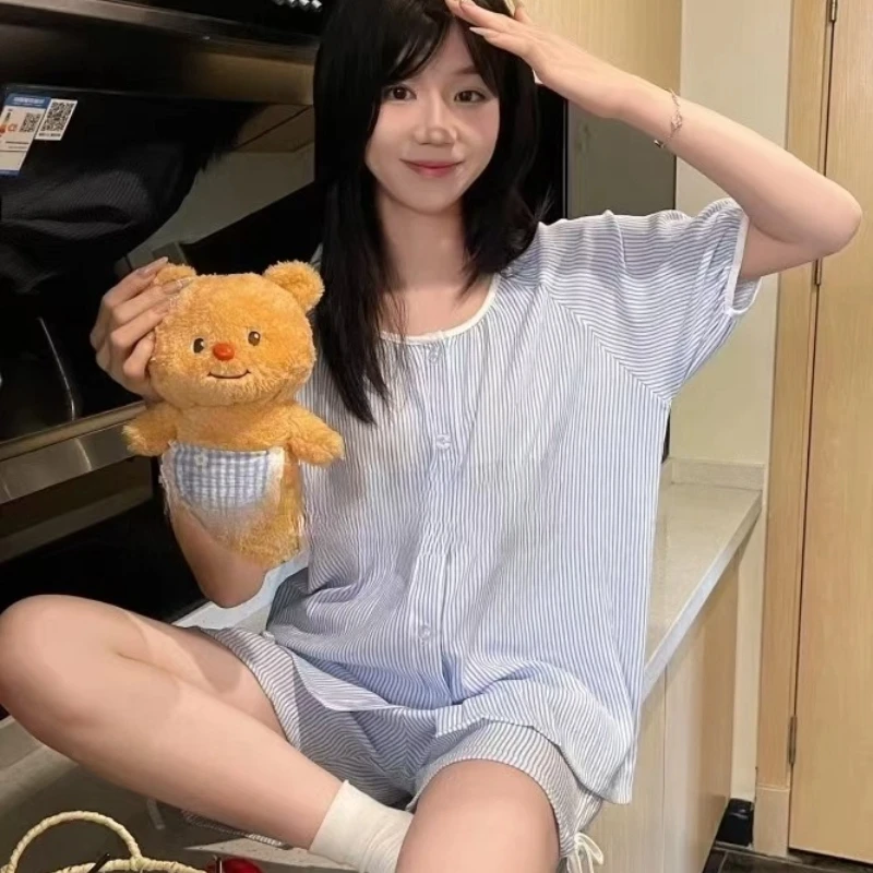 

2025 Summer New Striped Women Sportswear Sweet And Lightweight Outable Home Wear Korean Fresh Round Neck Striped Pajama Set