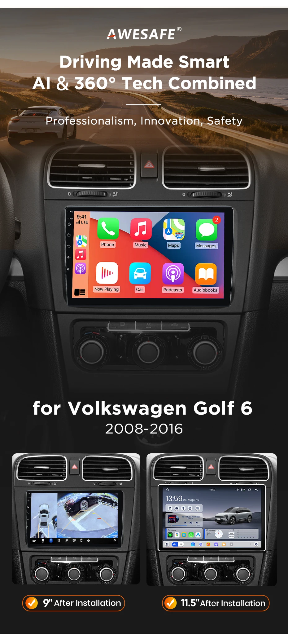 AWESAFE 9-Zoll-Android-Radio für VW Volkswagen Golf 6 2008-2016, kabelloses CarPlay & Android Auto, GPS-Navigation, Multimedia, Unterstützung für Lenkradsteuerung, Subwoofer, Verstärker, Rückfahrkamera, mit CAN-BUS Plug-and-Play, DAB+, digitales Autoradio, 2-DIN-Autoradio, Stereoanlage – Detail 4