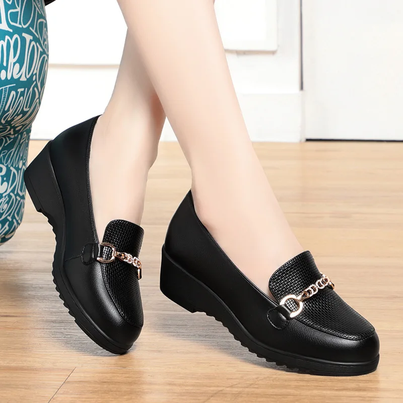 

Spring Summer Women Loafers Flat Shoes Height Increasing Black Footwear Slip-on Moccasins Casual Wedge Soft Leather Shoes