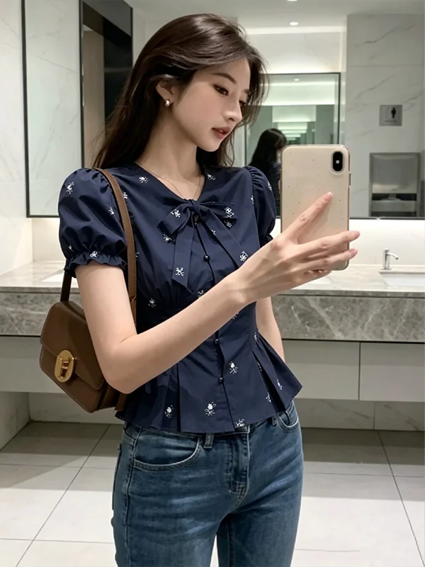 French Style Sweet  Knot Bubble Sleeve Shirt Women's Short Sleeve Belted Summer New European Waist Inward Shirt