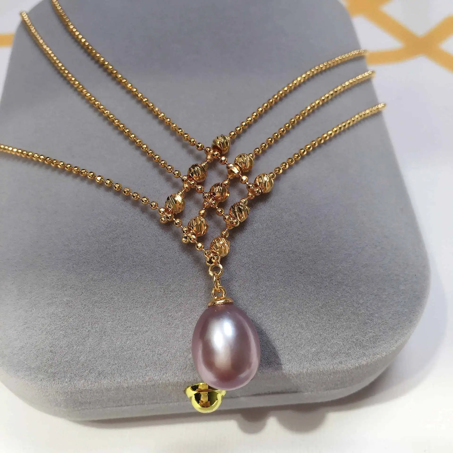 Multi layer round pearl chain natural freshwater pearl pendant with three rows of chain 18K gold wrapped