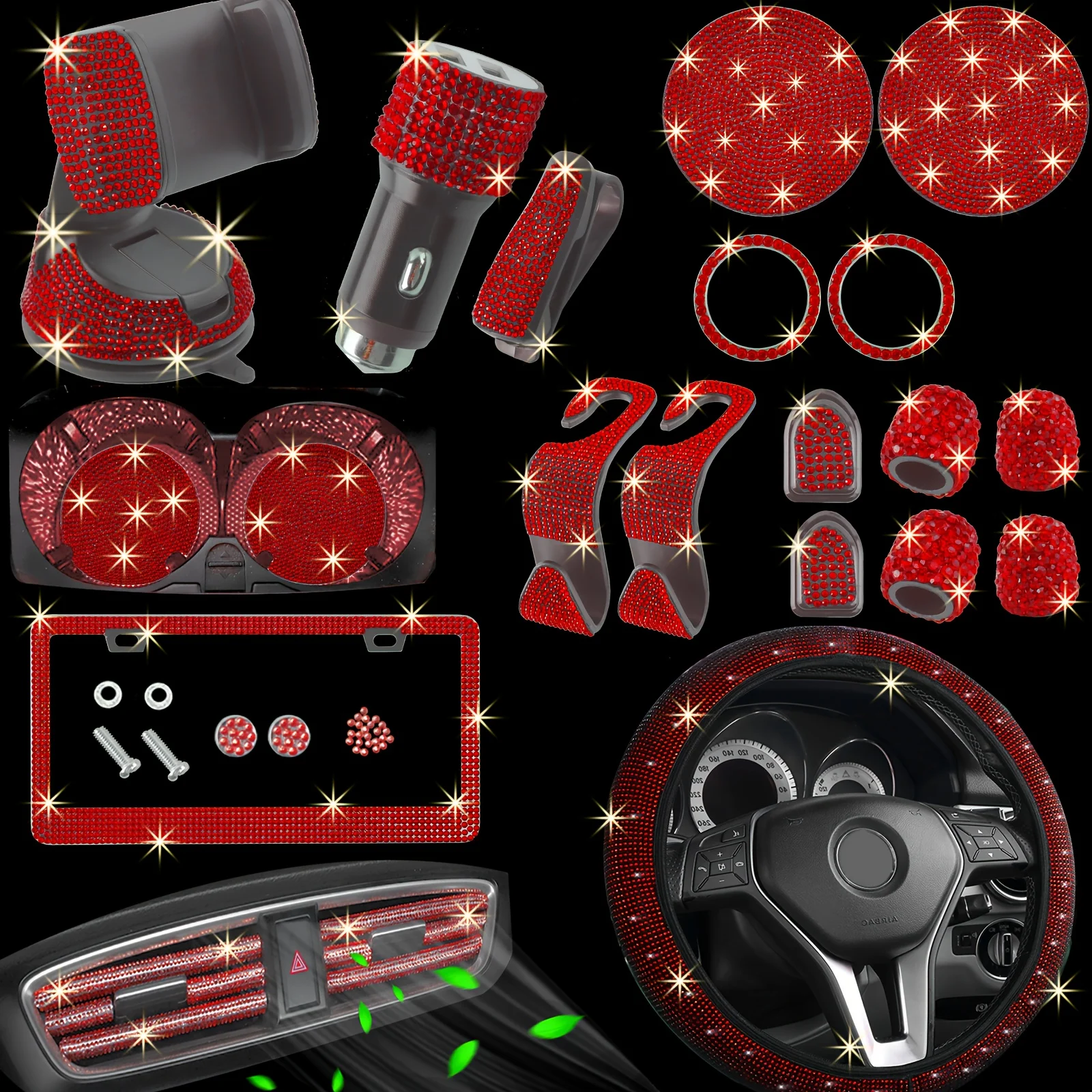 

27pcs Bling Car Accessories Set, Bling Steering Wheel Covers Universal Fit 15 Inch, Bling License Plate Frame, Phone Holder, Car Coasters, Suitable for Fashionable Men And Women.