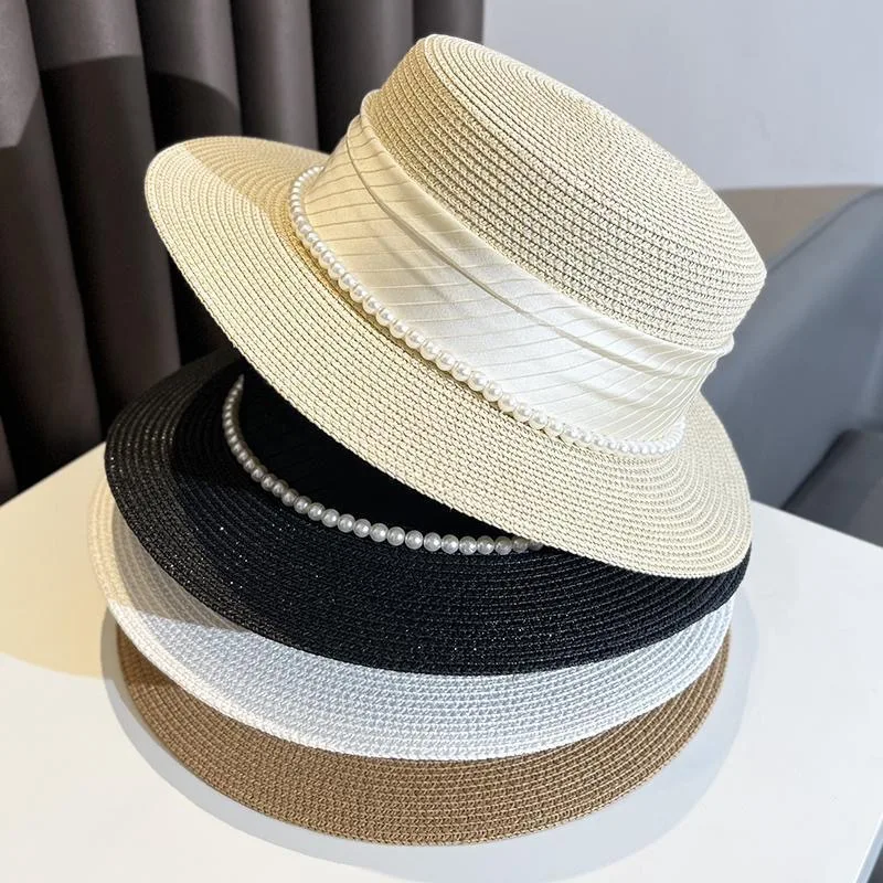 New Model Elegant Pearl Silk Fashion Top Caps Women's Vacation Sunshade And Sun Protection Flat Top Straw Hats
