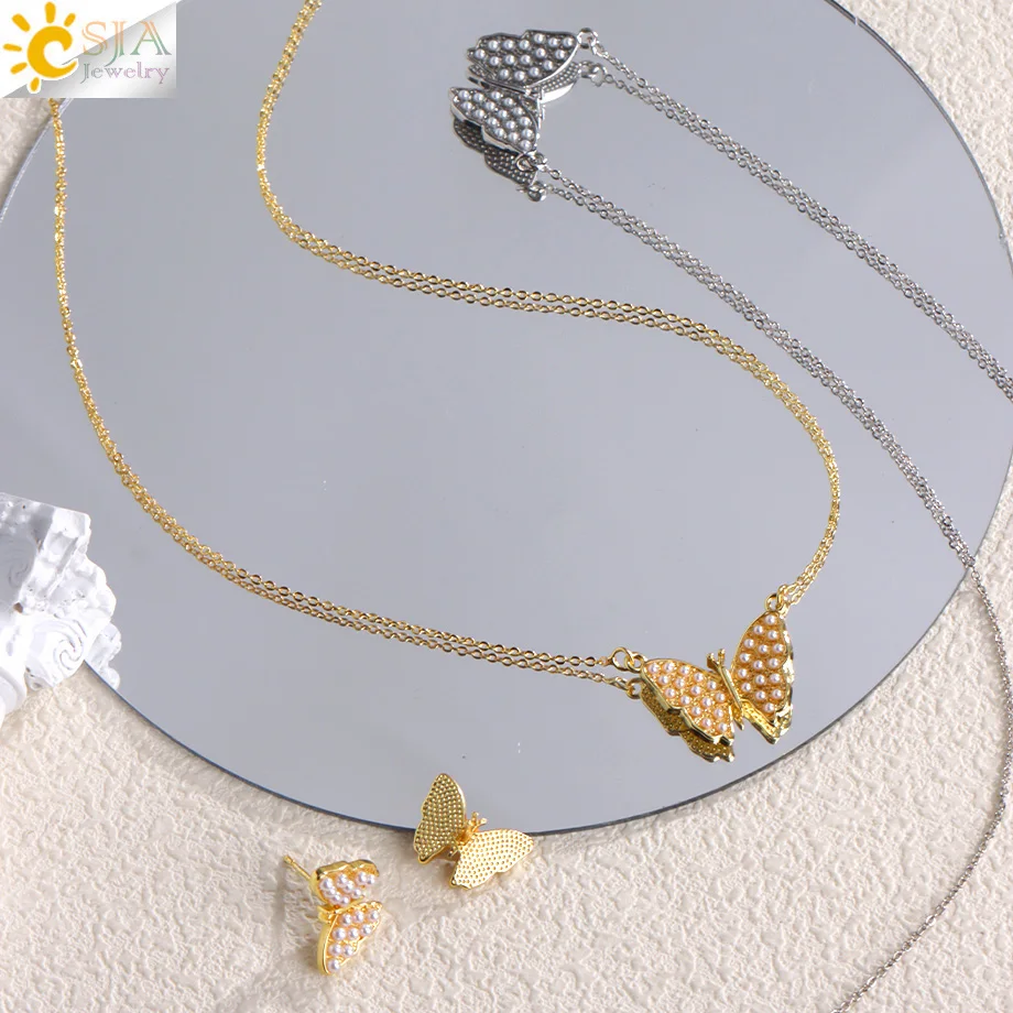 CSJA Butterfly Jewelry Set Elegant Earring Necklace Imitation Pearl Butterlfys Pendant Gold Color Stainless Steel Chain  T109