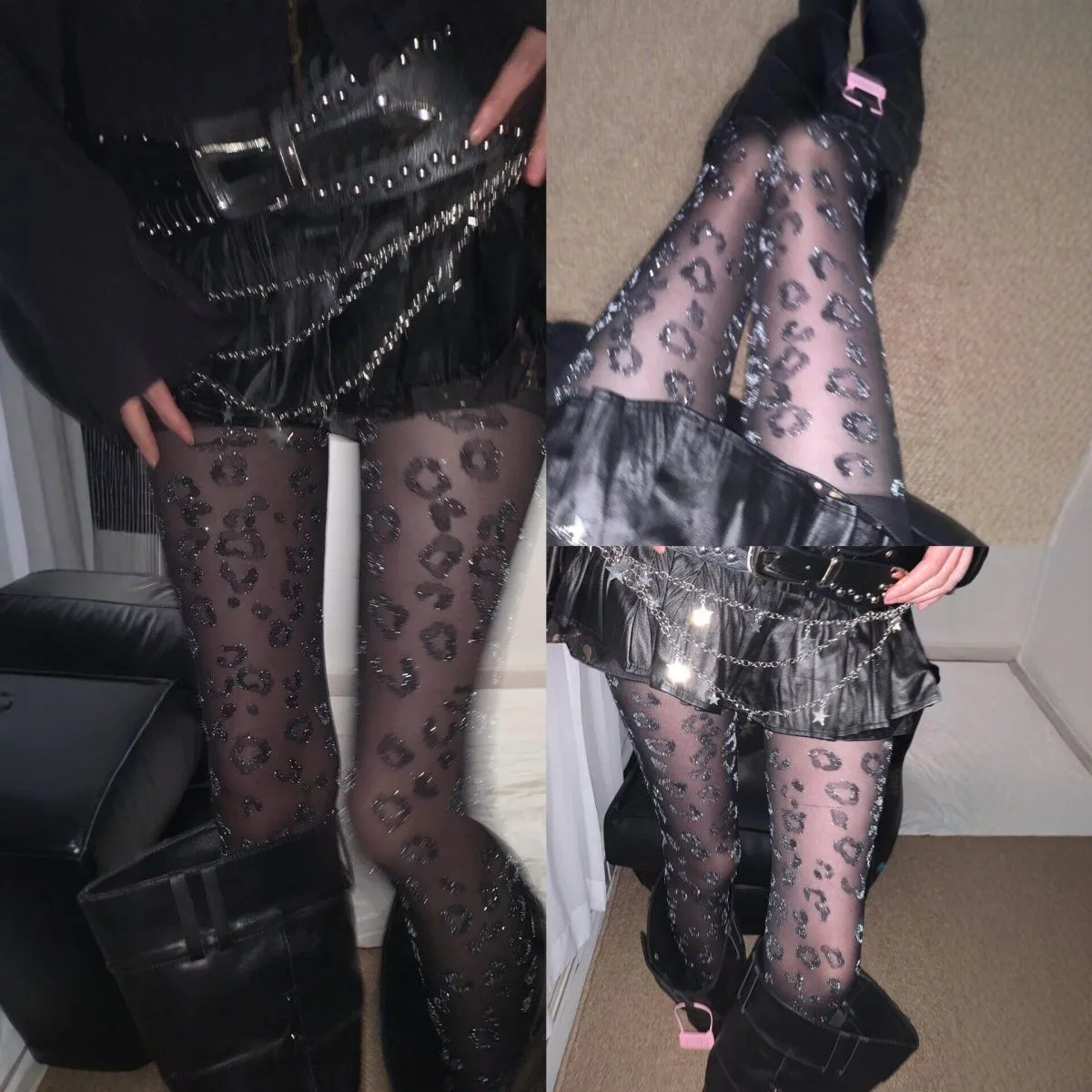 Plus Size Silver Thread Leopard Print Tights Women Thin Sheer JK See Through Pantyhose Ins Jacquard Black Fishnet Leg Stockings