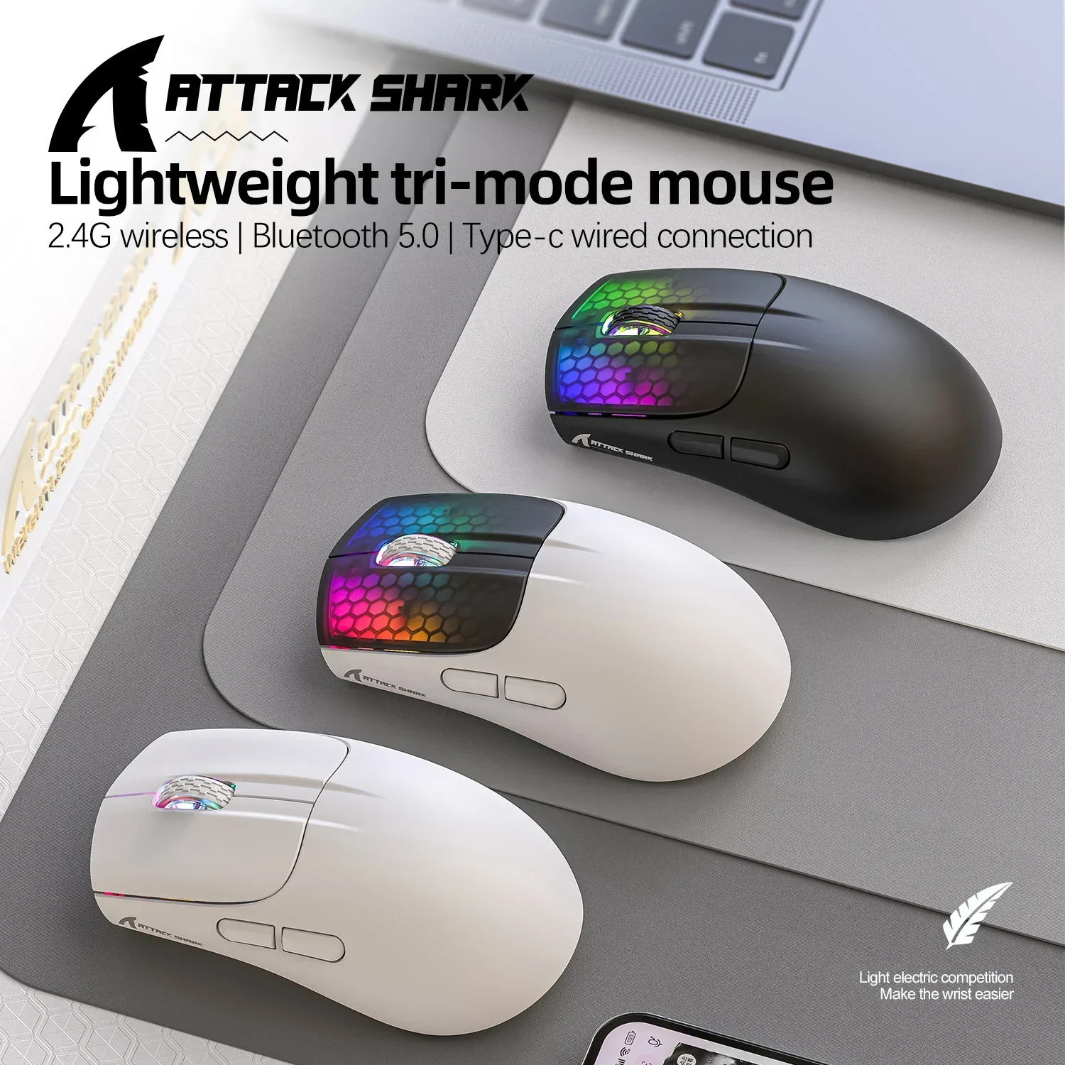 Attack Shark X5 Tri-mode Mouse, Iluminação RGB, Lightweight Game Mouse, Requintado, Laptop Portátil Pequeno, 49g