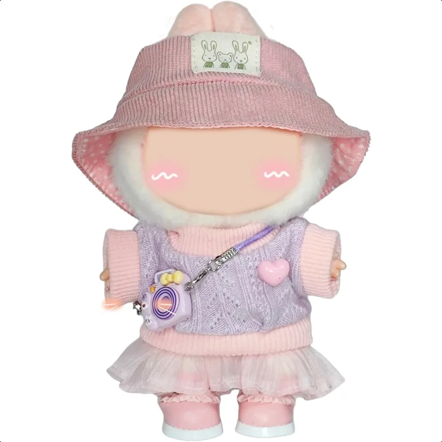 

5Piece 17cm Doll Outfit Set Knit Top Mini Replica Camera Pink Fashion Outfit Set for Collectible Figures Hats Dres Skirts Slung
