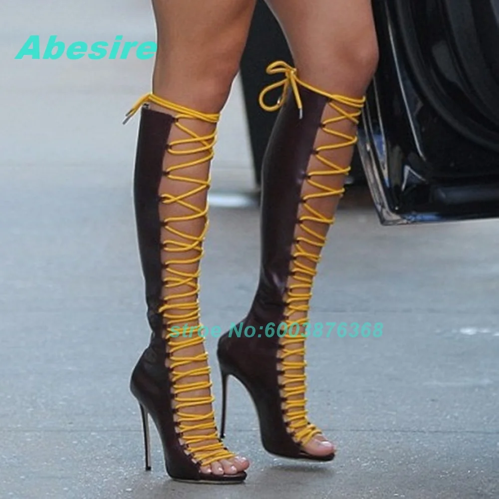 

Burgundy and Yellow Leather Peep Toe Sandal Boots Stiletto Heels Lace-Up Women's Sandals Sexy Y2K Party Nightclub Shoes