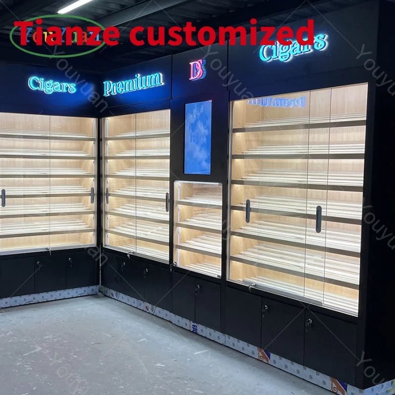 (customized)Large Capacity Cigar Lockers With Cedar Wood Lined Trays Smoke Shop Standing Humidor With Tempered Glass Door