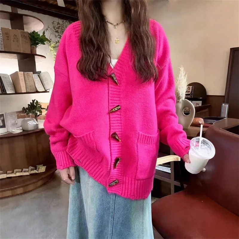 

Retro Loose Cow Horn Button Sweater Cardigan Women's 2025 Autumn and Winter New Lazy Style Knitted Jacket