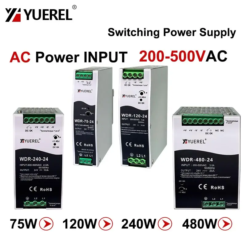 380V AC Input WDR 75W 120W 150W 240W 480W 12V 24V 48V Switching Power Supply Industrial DIN Rail Single Output Power Transformer