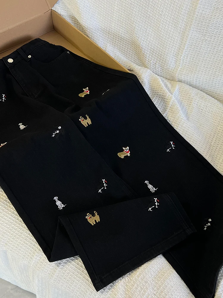 Hochgeschnittene Weite Jeans für Damen Frühling Herbst Neues Design Bestickte Bla Dog Lose Bodenlange Hose