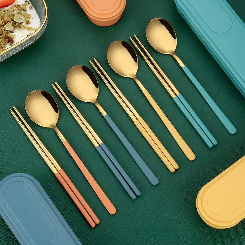 Portable Stainless Steel Cutlery Set with Storage Box, 304 Steel Fork Spoon, Travel Flatware for Student Outdoor, Dinnerware Set