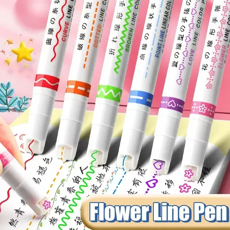 3/6Pcs Set Flower Line Shape Highlighter Pens Roller Tip Curve Line Marker Pen Student Drawing Kawaii Stationery School Supplies