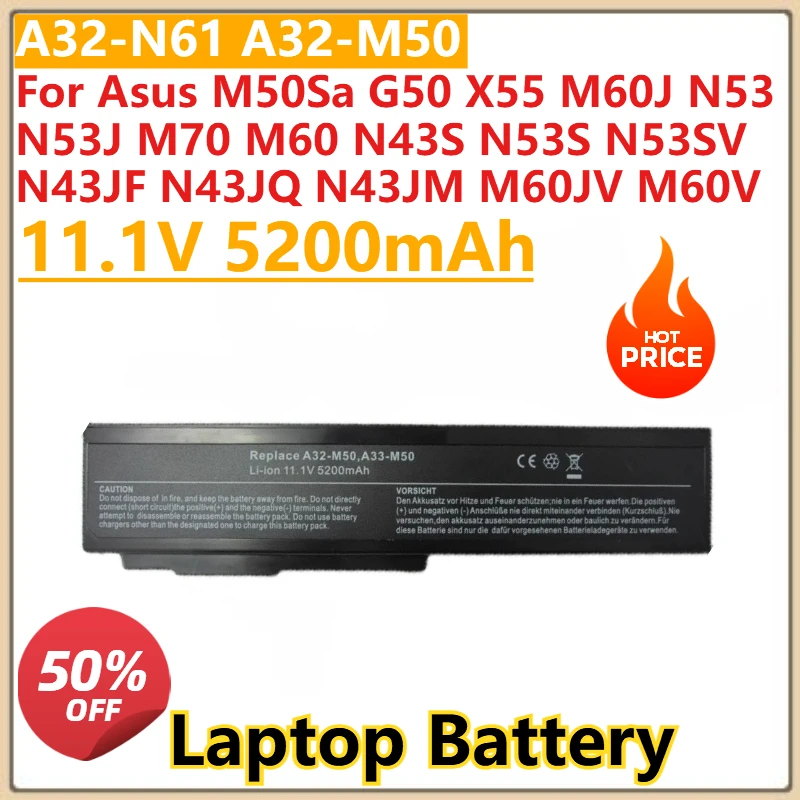 

New Laptop battery 11.1V 5200mAh for Asus M50Sa G50 X55 M60J N53 N53J M70 M60 N43S N53S N53SV N43JF N43JQ N43JM M60JV M60V