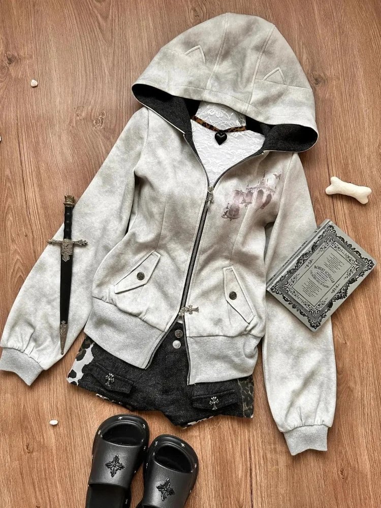 

Новая женская толстовка-кардиган в стиле Y2K, американский винтаж, готика, серая, с эффектом стройности, в стиле Харадзюку, осенняя, на молнии