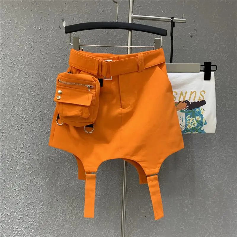 Korejepo 2024 Autumn New Orange High Waist Casual Sports Skirt Design Sense Sexy Tooling Hip Bag Child Skirts Women Bottoms