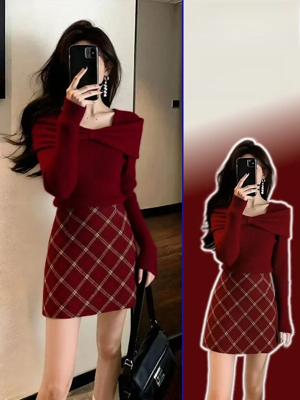 

plus Size Women's Casual Knitted Set Spring Season High Waist Plaid Skirt And Long Sve Top Two Piece Ensemble Korean Sle
