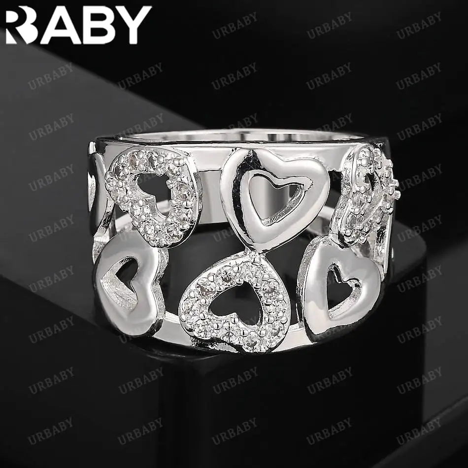 

URBABY 925 Sterling Silver Zircons Hollow Hearts Fine Ring For Women Fashion Jewelry Charm Grace Wedding Engagement Accessories