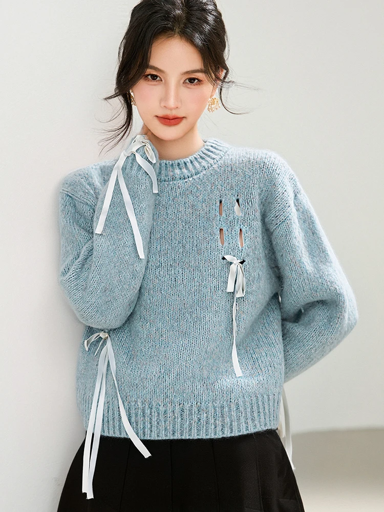   เสื้อถักทรงหลวมแบบผูกปม แขนยาว ทรงกลม สำหรับผู้หญิง สไตล์ลำลอง สวมใส่สบาย ผ้าเนื้อนุ่ม ช่วยลดเลือนริ้วรอย