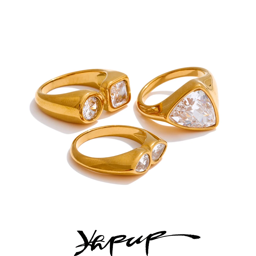Yhpup Size 678 AAA Shiny Cubic Zirconia Geometric Finger Ring High-Grade Stainless Steel 18K Golden Plated Rust Proof Jewelry