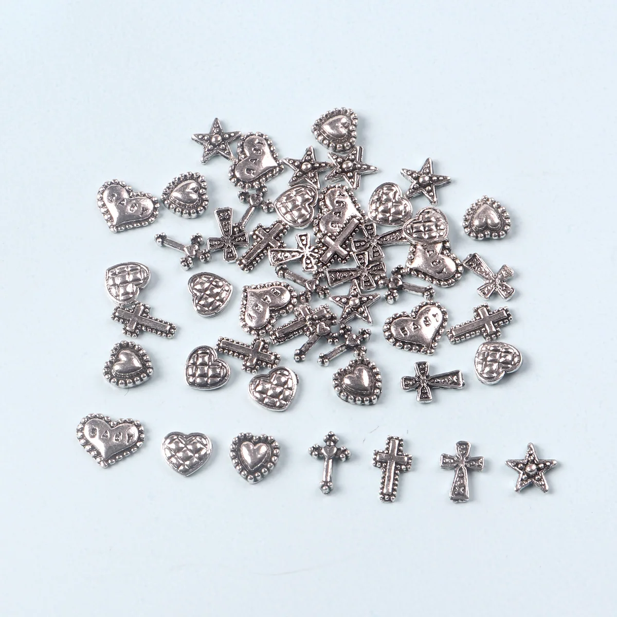 50PCS Mixed 3D Punk Silver Heart Cross Metal Manicure Nail Decoration Retro Different Design Cross Nails Art Charms