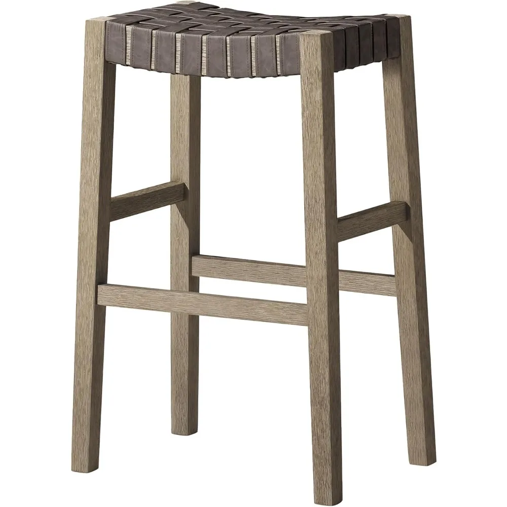 

Bar Stool – 31 Inch – Rectangular Stool with Footrest – Grey Solid Wood & Grey Woven Leather Seat – Ideal for Pubs,