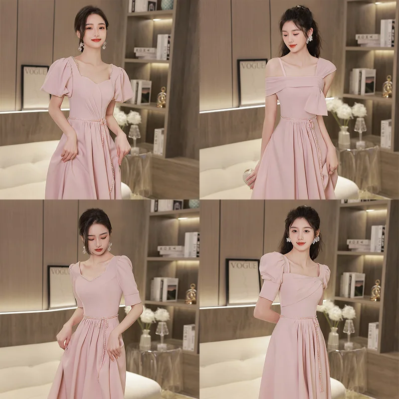 Pink Satin Bridesmaid Dress 2023 New Slim Wedding Sisters Group Evening Dress 4 Style Sweetheart Neck A-Line Graduation Vestido