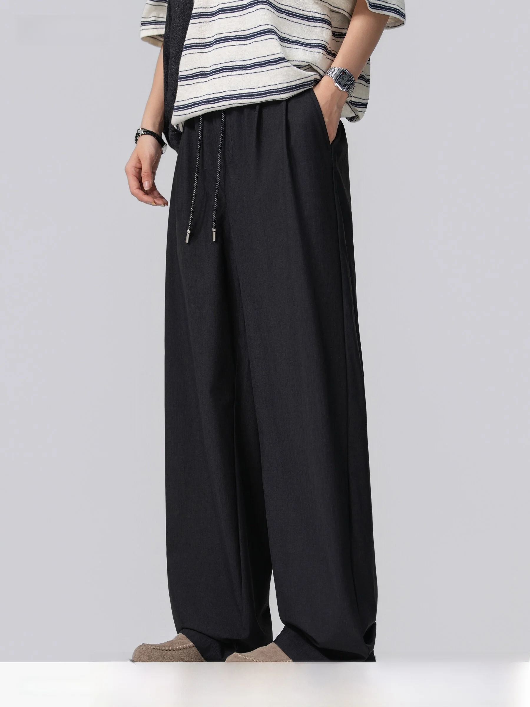 AOGZ Pure Color Drawstring Straight Leg Pants Loose Casual Lightweight Men's Summer Fashionable American Sporty Wide Leg Long...