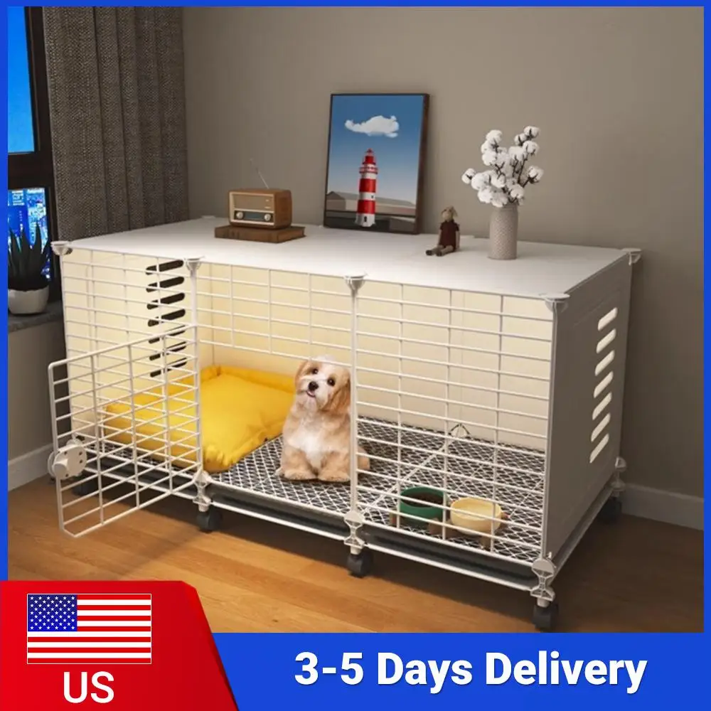 

Dog Crate End Table with Wheels & Tray Dog Cage Crate Indoor Dog House Wired Cage Crate Dog Kennels for Large/Medium Dog