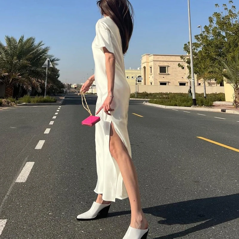 فساتين أنيقة من الساتان بفتحة مستقيمة للربيع للنساء برقبة دائرية وأكمام قصيرة فستان متوسط صيفي عالي الخصر بلوفر بطول الركبة #2