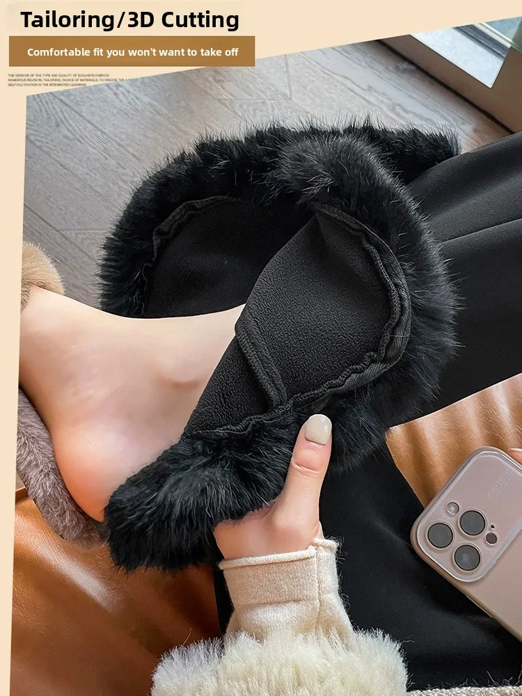 

Женские повседневные брюки больших размеров с высокой талией, из полиэстера, на подкладке из кроличьего меха, облегающие, расклешенные, осенне-зимние, модные