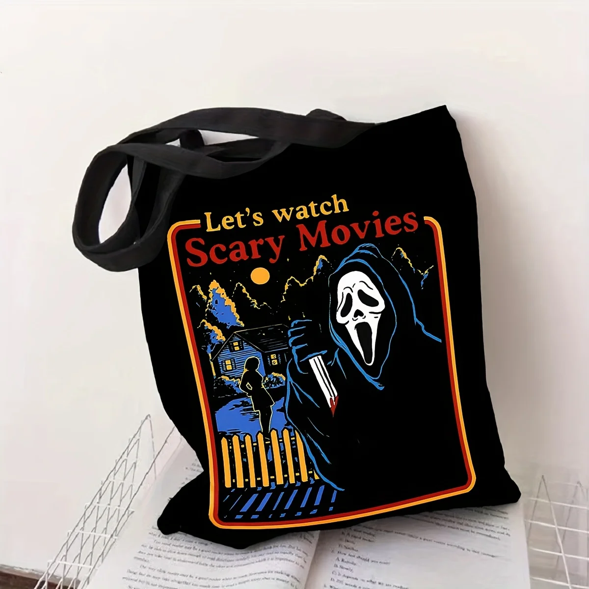 Halloween Funny Cartoon Horror Movie Tote Bag, Large Capacity Canvas Shoulder Bag, Perfect Halloween Festival Shopping Bag