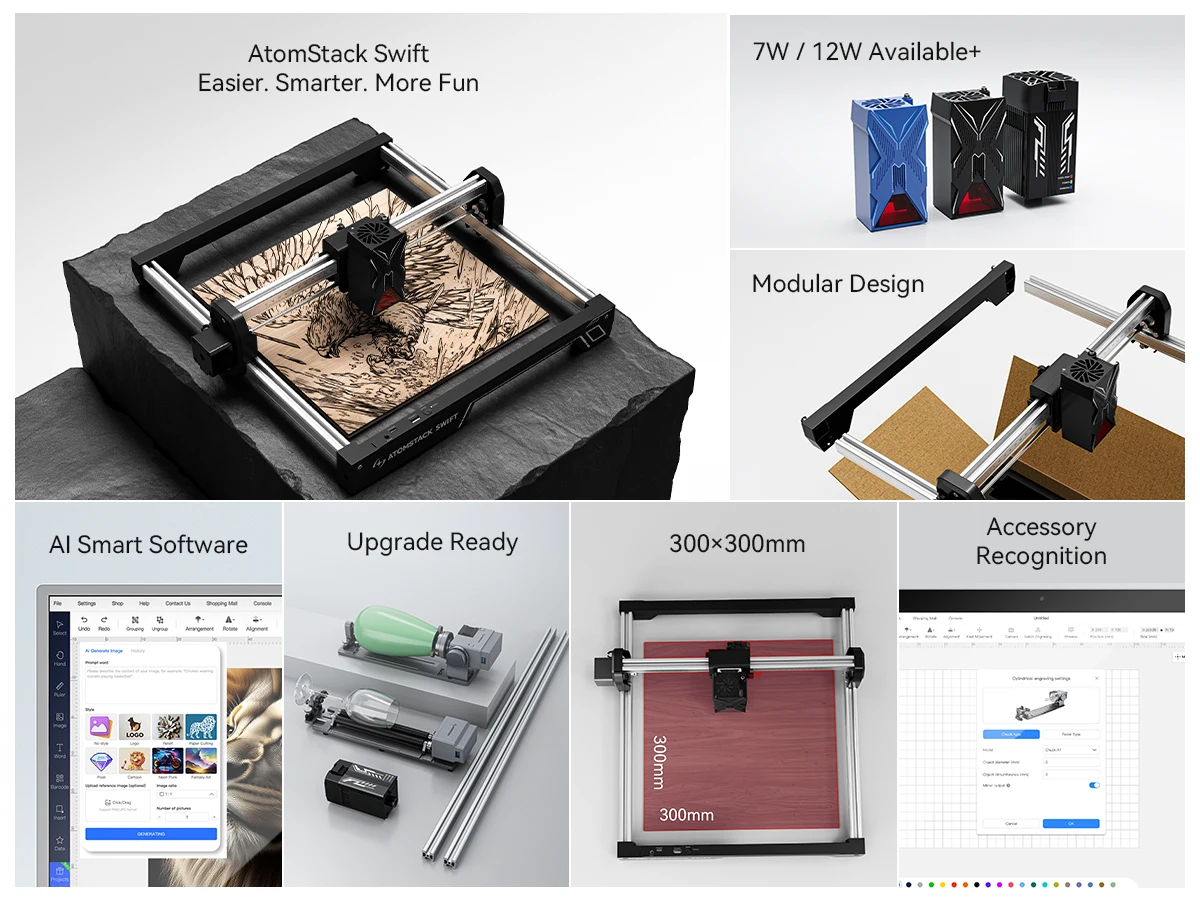 ATOMSTACK SWIFT 12W 7W Incisore laser portatile Diodo Taglio laser Incisione Tag per cani Macchina Incisione Logo Legno Metallo 300 × 300mm mr20