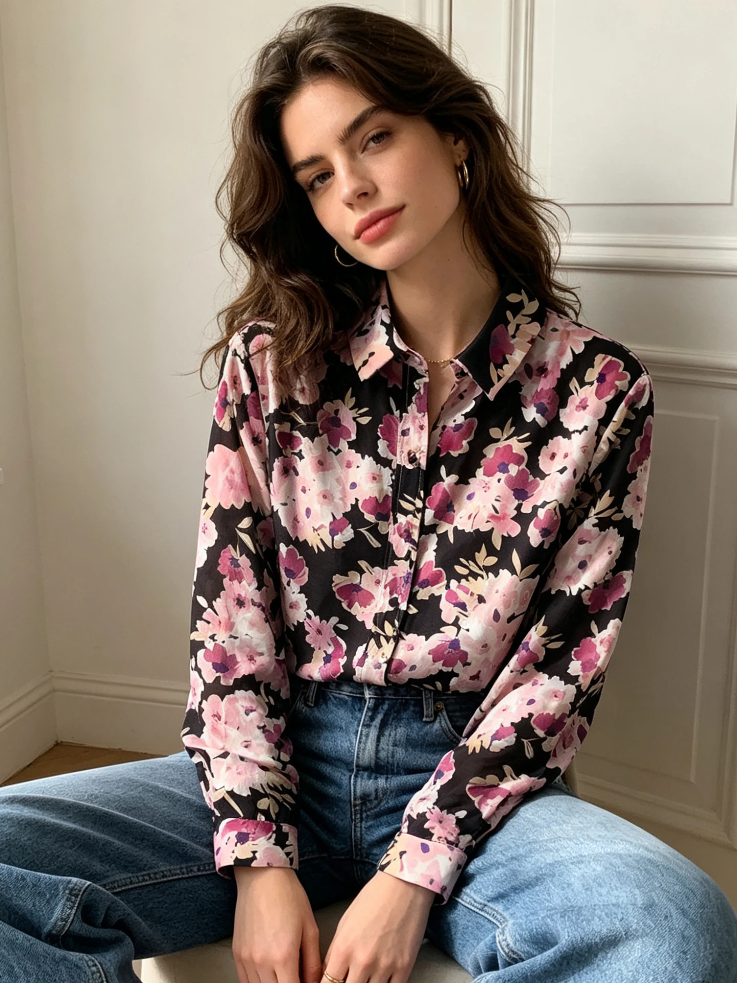 

Comfortable Light Weight Silk Cotton Long Sve Pink Cherry Blossom Straight Cut Faionable Retro irt for Women Breathable