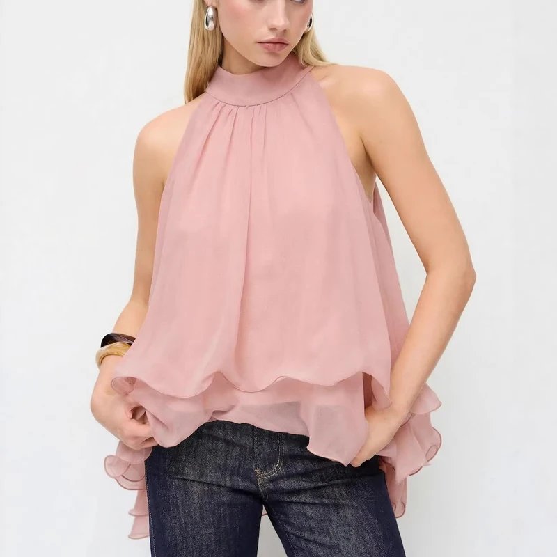 

New Summer Chiffon Sleeveless Top Fashion Women Halter Tops Elegant Ruffle Layered Casual Vest Female Holiday Sexy Tank Top