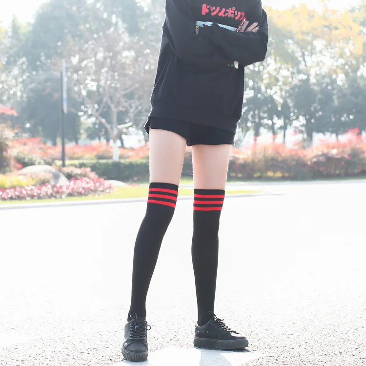 NEWJOINFUN Lolita Japanese Lovely School Student Girls Cosplay Black White Striped Long Socks Over Knee High Stockings for Women