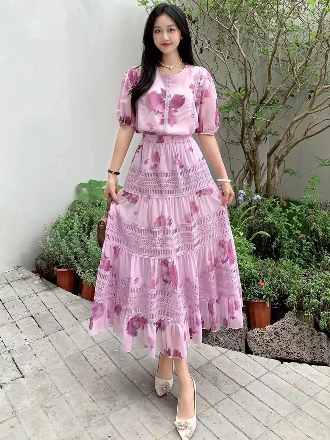 2024 New Summer Women Elegant Floral Skirt Suits Loose Short Sleeve Chiffon Shirt And Lace Patchwork Long Skirt Two Piece Set