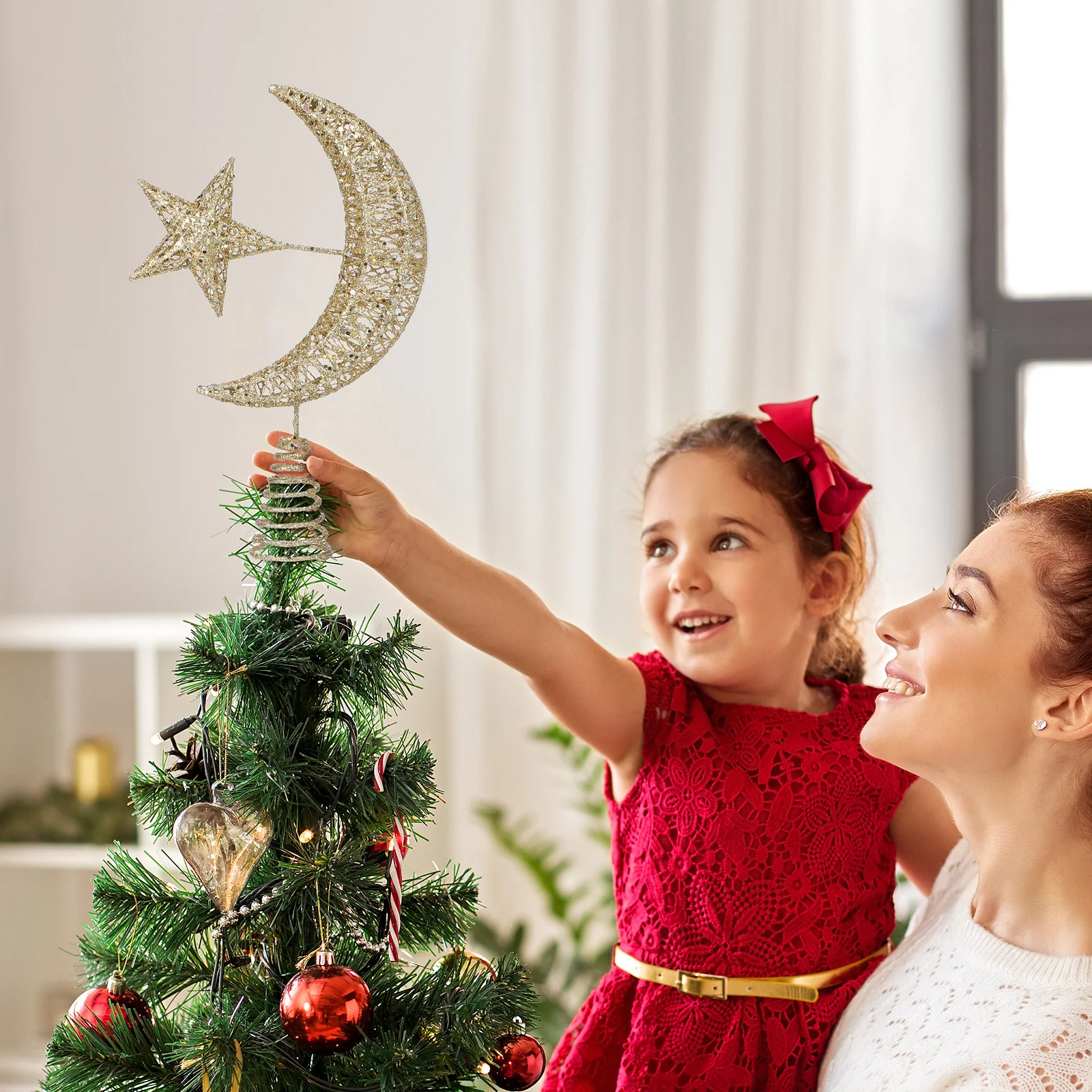 

Moon Star Tree Topper Christmas Decoration Chic Design High Grade Iron Safe for Holiday Festival Party Indoor Tree Decor