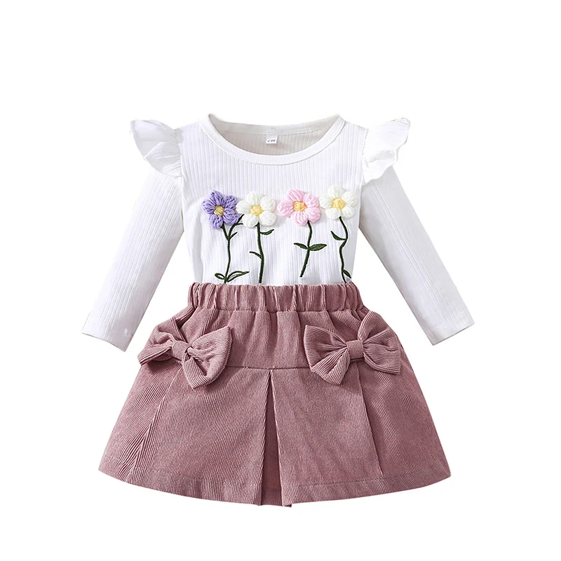 1-5Y Kids Girl Spring Fall Outfit 3D Floral Long Sleeve Crew Neck Tops with Short Skirt Hat 3 Pcs Set Sweety Girls Clothing Set