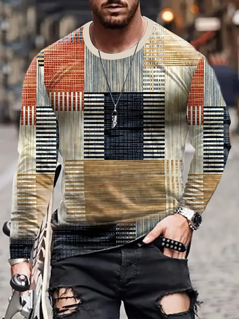 6XL Plus Size Men's Clothing Plaid Graphic T-Shirts Spring Autumn Long Sleeve 3D Printed Casual Vintage Male Tops Tee Oversized