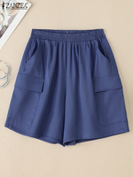 ZANZEA Summer Casual Elastic Waist Baggy Pant Fashion Women Shorts Soft Denim Blue Trousers Stylish Work Pantalon Streetwear
