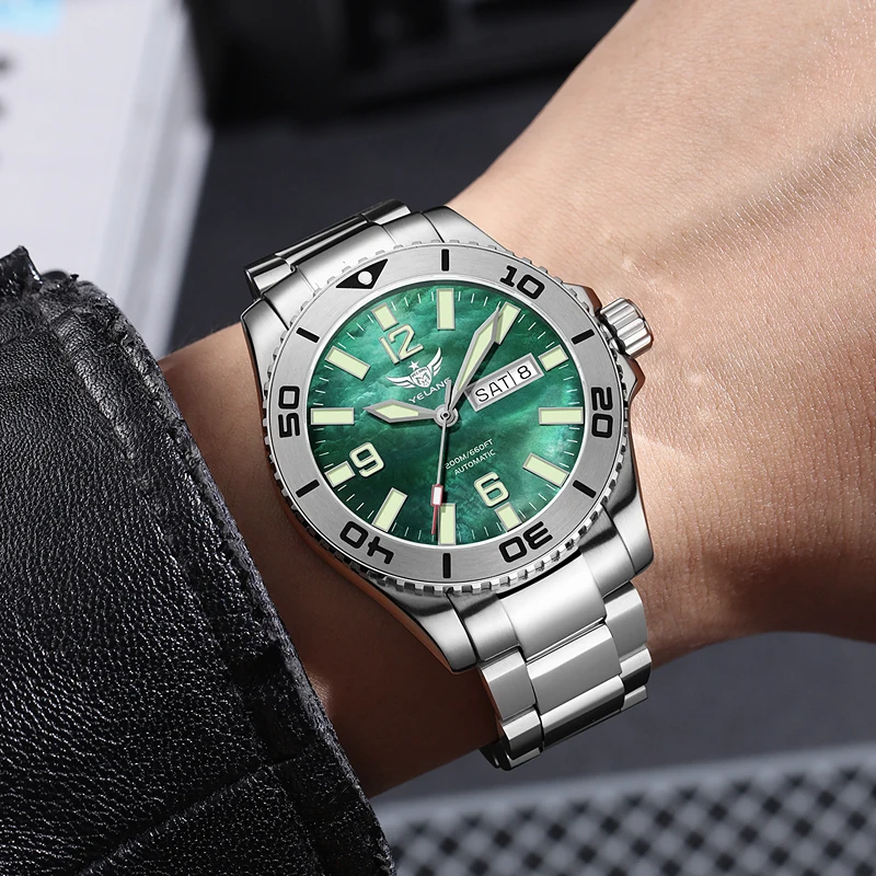 YELANG Men Automatic Watch 42mm Mechanical Wristwatch Diver 20Bar Waterproof BGW-9 Luminous Sapphire Mirror SW200