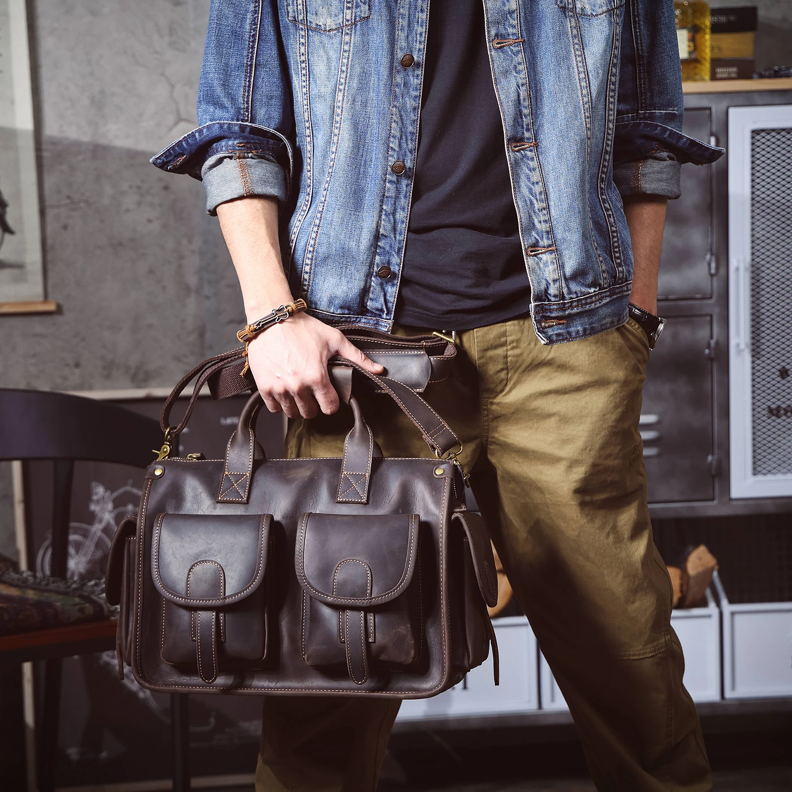 S.WORKER Vintage Echtleder Herren-Aktentasche 14" Laptop-Tasche Crazy Horse Leder Messenger-Handtasche Rindsleder Geschenkidee für Männer – Detail 6
