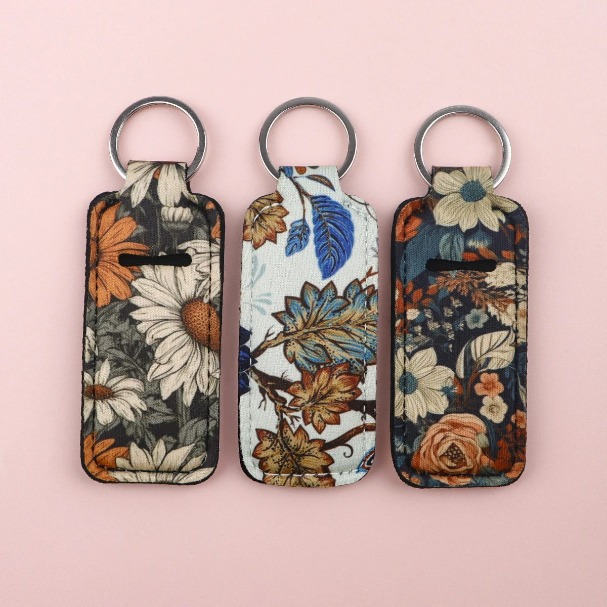 Vintage Printed Sunflowers Lip Balm Holder Keychain Clip On Lipstick Sleeve Holder Bag Charm Keyring Travel Accessory Women Gift
