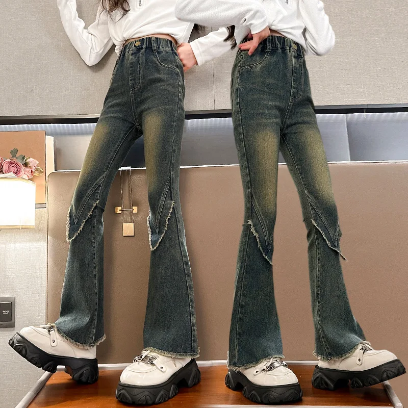 

Elegant Kids Vintage Flared Jeans for Tween Girls Slim Fit Retro Blue Denim Pants Children Spring Autumn Boot Cut Retro Trousers