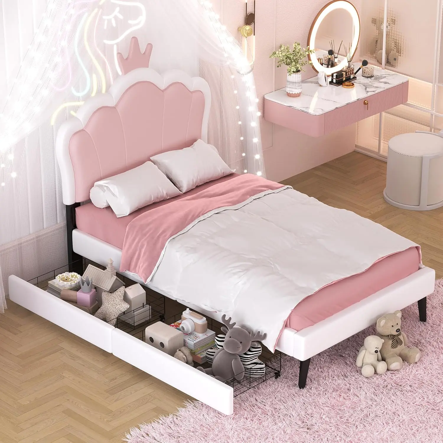 

Merax Kid Twin Upholstered Bed Frame With Crown Headboard & Drawers, Wood Princess Low Platform Bed For Boys Girls,Easy