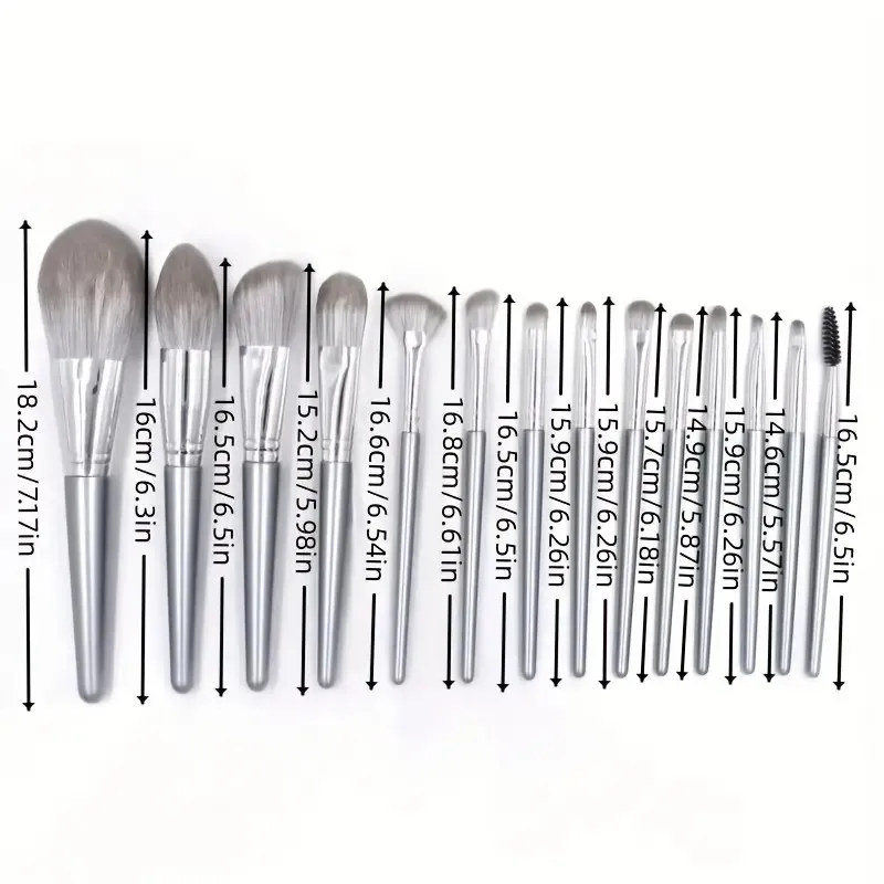 ชุดแปรงแต่งหน้าสีเงิน 14 ชิ้น + พัฟสามเหลี่ยมสีเทา 2 อัน และฟองน้ำรูปหยดน้ำสีดำ 2 อัน - ชุดอุปกรณ์แต่งหน้าระดับมืออาชีพครบชุดสำหรับ