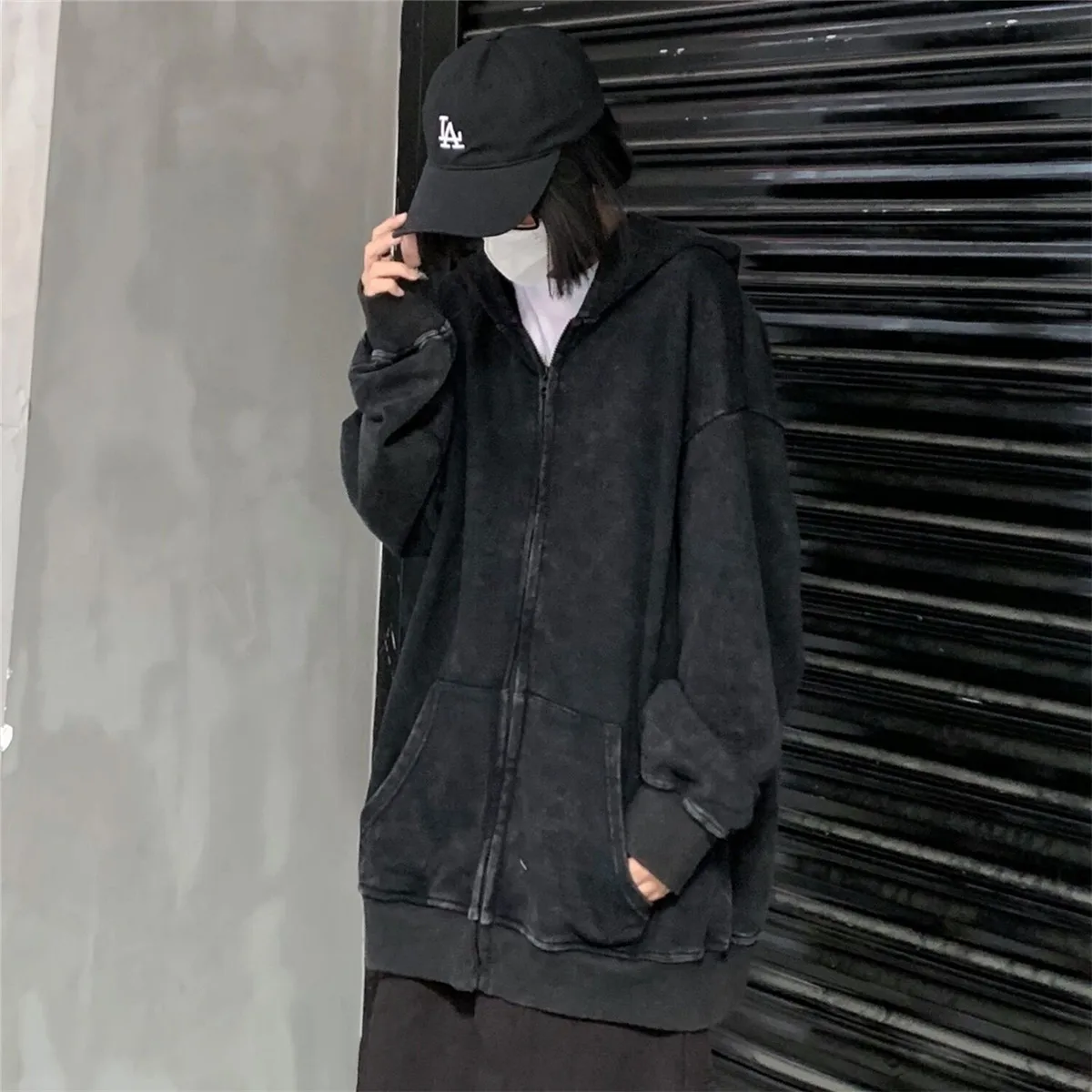 Black Solid Vintage Jacket Casual Cool Sweatshirt Streetwear Autumn Zip Up Ulzzang Punk Tops Male Hip Hop Oversized Tops Men